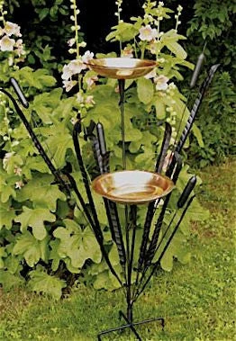 Double Cattail Bird Bath With Iron Perches 1 Double Cattail Bird Bath With Iron Perches