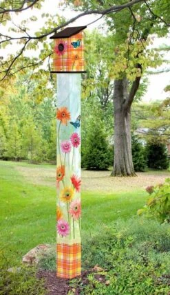 Birdhouse Art Poles 6 Ft. Post -Bird Haven Outlet Store Gerbera Daisy Birdhouse Pole