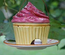 Ceramic Cupcake Bird Feeder -Bird Haven Outlet Store strawberry.feeder.smll